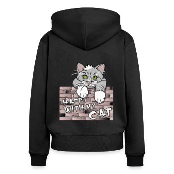 Süßes Katzenmotiv - Mauer mit Kater im Comicstyle - Frauen Premium Bio Zip Hoodie - Schwarz - Hinten - Julia (174cm)