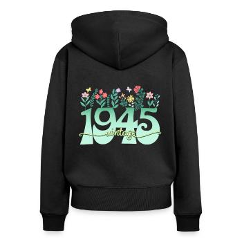 Motif Fleurs 1945 Fête Anniversaire Femme 80 Ans - Sweat à capuche zippé Premium bio Femme - noir - Dos - Julia (174cm)