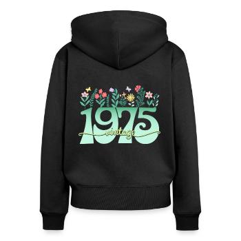 Motif Fleurs 1975 Fête Anniversaire Femme 50 Ans - Sweat à capuche zippé Premium bio Femme - noir - Dos - Julia (174cm)