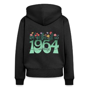 Motif Fleurs 1964 Fête Anniversaire Femme 60 Ans - Sweat à capuche zippé Premium bio Femme - noir - Dos - Julia (174cm)