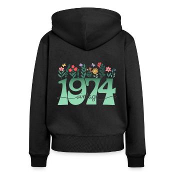 Motif Fleurs 1974 Fête Anniversaire Femme 50 Ans - Sweat à capuche zippé Premium bio Femme - noir - Dos - Julia (174cm)
