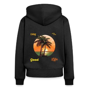 Palmenstrand „Living the good life“ mit Sunset - Frauen Premium Bio Zip Hoodie - Schwarz - Hinten - Julia (174cm)
