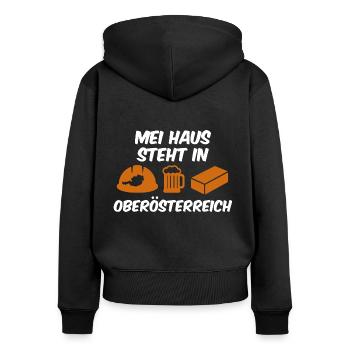Häuslbauer Shirt für Oberösterreich - Frauen Premium Bio Zip Hoodie - Schwarz - Hinten - Julia (174cm)