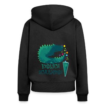 dinoschulkind,dinosaurier,endlich schulkind - Frauen Premium Bio Zip Hoodie - Schwarz - Hinten - Julia (174cm)
