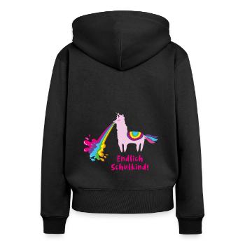 lama,schulkind,kotzendes lama,alpaka - Frauen Premium Bio Zip Hoodie - Schwarz - Hinten - Julia (174cm)