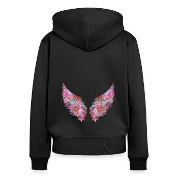 ailes d’ange, ailes, colorées, ailes d’ange, fleurs - Sweat à capuche zippé Premium bio Femme - noir - Dos - Julia (174cm)