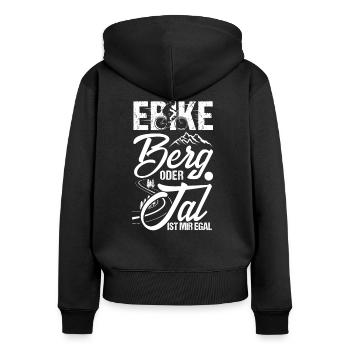 Berg oder Tal ist mir egal - witziges E-Bike Shirt - Frauen Premium Bio Zip Hoodie - Schwarz - Hinten - Julia (174cm)