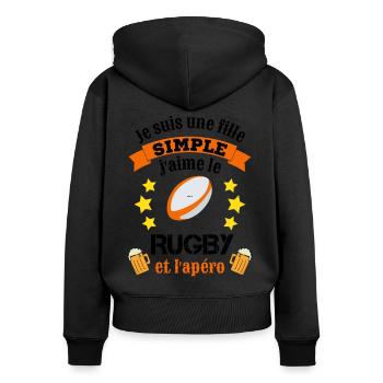Je suis fille simple j'aime rugby et apéro cadeau - Sweat à capuche zippé Premium bio Femme - noir - Dos - Julia (174cm)