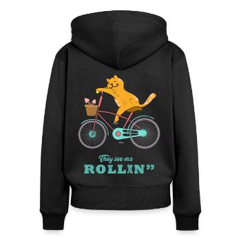 Katze Fahrrad Rollin - Frauen Premium Bio Zip Hoodie - Schwarz - Hinten - Julia (174cm)