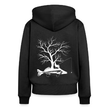 Grafischer Baum - Fisch-Zander - Frauen Premium Bio Zip Hoodie - Schwarz - Hinten - Julia (174cm)