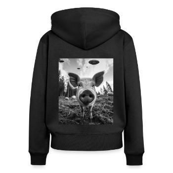 Schwein - Alien Selfie Berkshire UFO - Frauen Premium Bio Zip Hoodie - Schwarz - Hinten - Julia (174cm)