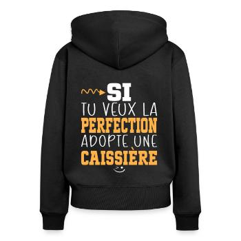 Métier Humour Femme Caissière - Sweat à capuche zippé Premium bio Femme - noir - Dos - Julia (174cm)