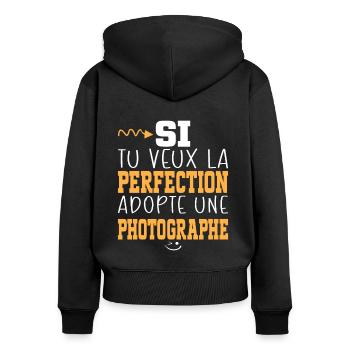 Métier Humour Femme Photographe - Sweat à capuche zippé Premium bio Femme - noir - Dos - Julia (174cm)