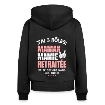 Retraitée maman mamie - Cadeau Retraite femme - Sweat à capuche zippé Premium bio Femme - noir - Dos - Julia (174cm)