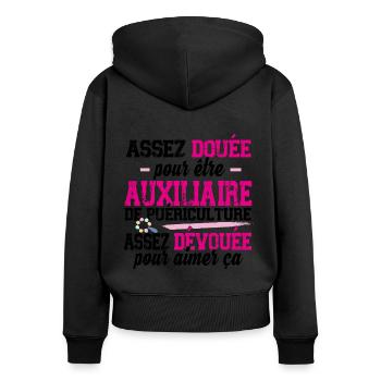 Auxiliaire de puériculture Puéricultrice Métier - Sweat à capuche zippé Premium bio Femme - noir - Dos - Julia (174cm)