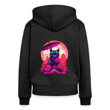 Synthwave japan Cat with umbrella - Frauen Premium Bio Zip Hoodie - Schwarz - Hinten - Julia (174cm)