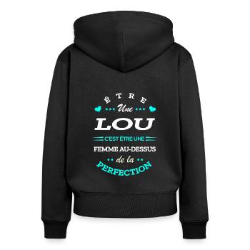 LOU PARFAITE - NOM LOU - Sweat à capuche zippé Premium bio Femme - noir - Dos - Julia (174cm)