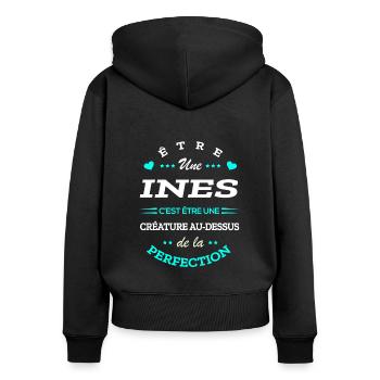 INES PARFAITE - NOM INES - Sweat à capuche zippé Premium bio Femme - noir - Dos - Julia (174cm)