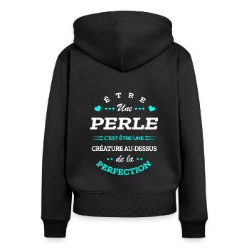 PERLE PARFAITE - NOM PERLE - Sweat à capuche zippé Premium bio Femme - noir - Dos - Julia (174cm)