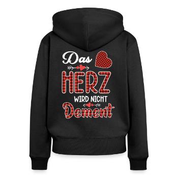 Das Herz wird nicht dement | Pflege mit Herz - Frauen Premium Bio Zip Hoodie - Schwarz - Hinten - Julia (174cm)