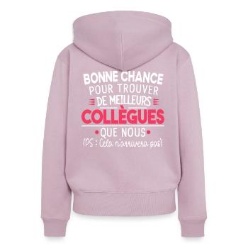 Collègue Collègues Cadeau Départ Retraite Humour - Sweat à capuche zippé Premium bio Femme - rose poudré - Dos - Julia (174cm)