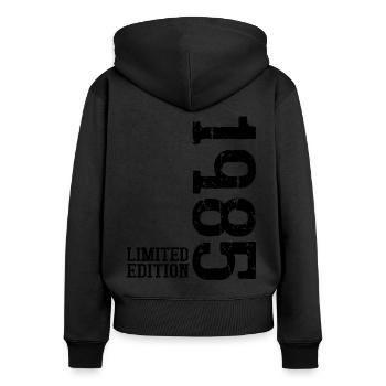 1985 Vintage Born Edition Limitée - Sweat à capuche zippé Premium bio Femme - noir - Dos - Julia (174cm)