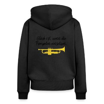 Glück ist wenn die Trompeten einsetzen, Geschenk - Frauen Premium Bio Zip Hoodie - Schwarz - Hinten - Julia (174cm)