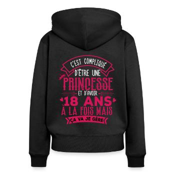 Cadeau Anniversaire Fille 18 ans - Sweat à capuche zippé Premium bio Femme - noir - Dos - Julia (174cm)