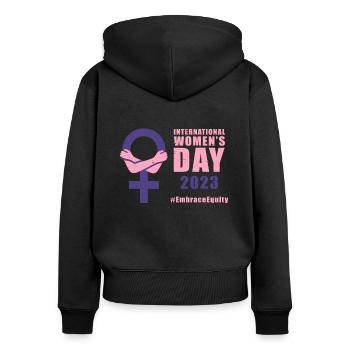 Journée internationale de la femme 8 mars #EmbraceEquity - Sweat à capuche zippé Premium bio Femme - noir - Dos - Julia (174cm)