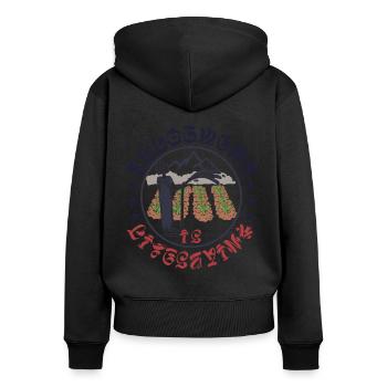 Zuteilung ist lebensrettend - Frauen Premium Bio Zip Hoodie - Schwarz - Hinten - Julia (174cm)