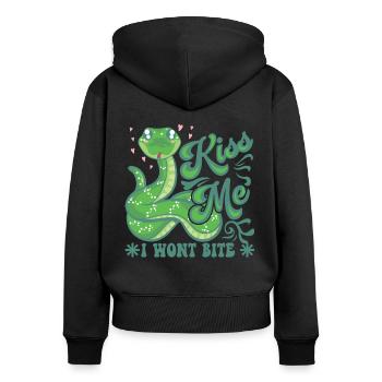 Küss mich, ich werde nicht beißen - Frauen Premium Bio Zip Hoodie - Schwarz - Hinten - Julia (174cm)
