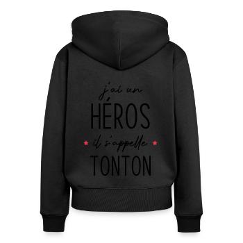 J'ai un héros il s'appelle tonton - Sweat à capuche zippé Premium bio Femme - noir - Dos - Julia (174cm)