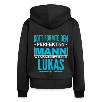 Lukas Name Design - Frauen Premium Bio Zip Hoodie - Schwarz - Hinten - Julia (174cm)