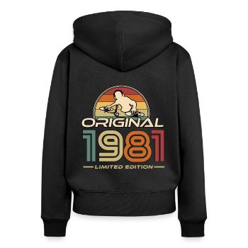 1981 - Frauen Premium Bio Zip Hoodie - Schwarz - Hinten - Julia (174cm)