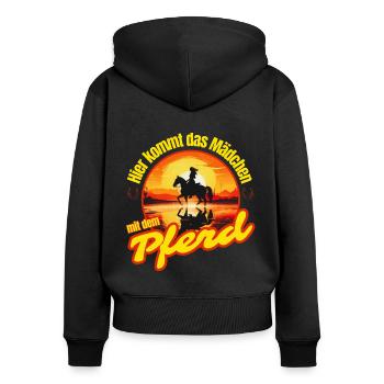 Hier kommt das Mädchen mit dem Pferd I Reiterin - Frauen Premium Bio Zip Hoodie - Schwarz - Hinten - Julia (174cm)