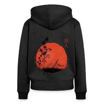 Rote Sonne und Bambus mit Katana Schwert - Frauen Premium Bio Zip Hoodie - Schwarz - Hinten - Julia (174cm)