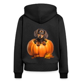 Dackel im Kürbis: Lustiger Welpe I Halloween - Frauen Premium Bio Zip Hoodie - Schwarz - Hinten - Julia (174cm)