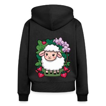 Süßes Kawaii Schaf mit Erdbeeren & Orchideen - Frauen Premium Bio Zip Hoodie - Schwarz - Hinten - Julia (174cm)