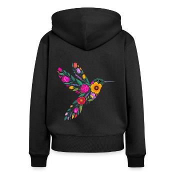 Graphisme Colibri Fleurs - Sweat à capuche zippé Premium bio Femme - noir - Dos - Julia (174cm)