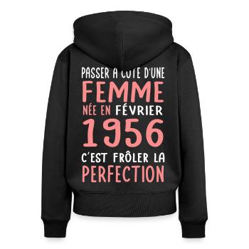 Anniversaire 70 ans - Née en Février 1956 - Sweat à capuche zippé Premium bio Femme - noir - Dos - Julia (174cm)