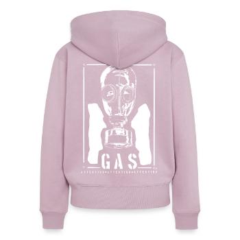 Note industrielle sur le masque à gaz BIRD - Sweat à capuche zippé Premium bio Femme - rose poudré - Dos - Julia (174cm)