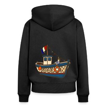 Bateau de pêche Toulon avec Goéland rigolo - Sweat à capuche zippé Premium bio Femme - noir - Dos - Julia (174cm)