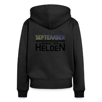 Septembre - Mois des Héros - Anniversaire Design - Sweat à capuche zippé Premium bio Femme - noir - Dos - Julia (174cm)