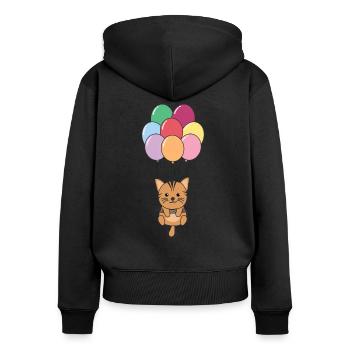 Cat flies upwards with colorful balloons - Women's Premium Organic Zip Hoodie - black - Back - Julia (174cm)