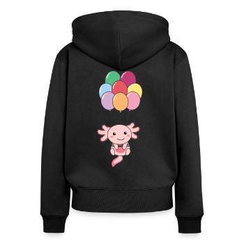 Axolotl fliegt mit bunten Luftballons nach oben - Frauen Premium Bio Zip Hoodie - Schwarz - Hinten - Julia (174cm)