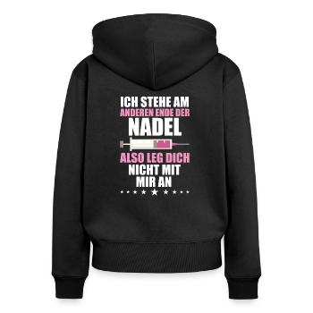 Krankenschwester Nadel Lustiges Spruch Shirt - Frauen Premium Bio Zip Hoodie - Schwarz - Hinten - Julia (174cm)