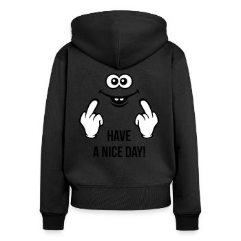 Smiling Face – Have A Nice Day! (Stinkefinger) - Frauen Premium Bio Zip Hoodie - Schwarz - Hinten - Julia (174cm)