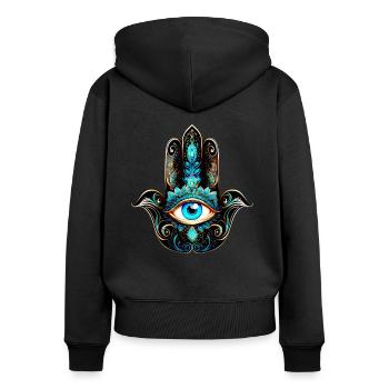 Hamsa Hand, Allsehendes Auge, Nazar, Schutzsymbol - Frauen Premium Bio Zip Hoodie - Schwarz - Hinten - Julia (174cm)