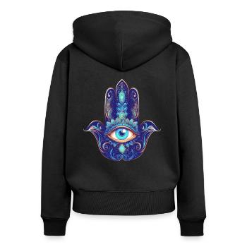 Hamsa Hand, Allsehendes Auge, Nazar, Schutzsymbol - Frauen Premium Bio Zip Hoodie - Schwarz - Hinten - Julia (174cm)