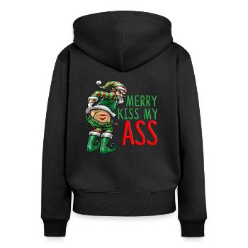 Merry Kiss My Ass Anti Weihnachten Spruch Geschenk - Frauen Premium Bio Zip Hoodie - Schwarz - Hinten - Julia (174cm)